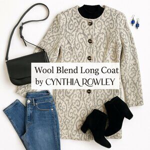 Cynthia Rowley Cream & Gray Wool-Blend Long Coat • Tapestry Knit Button-Front M